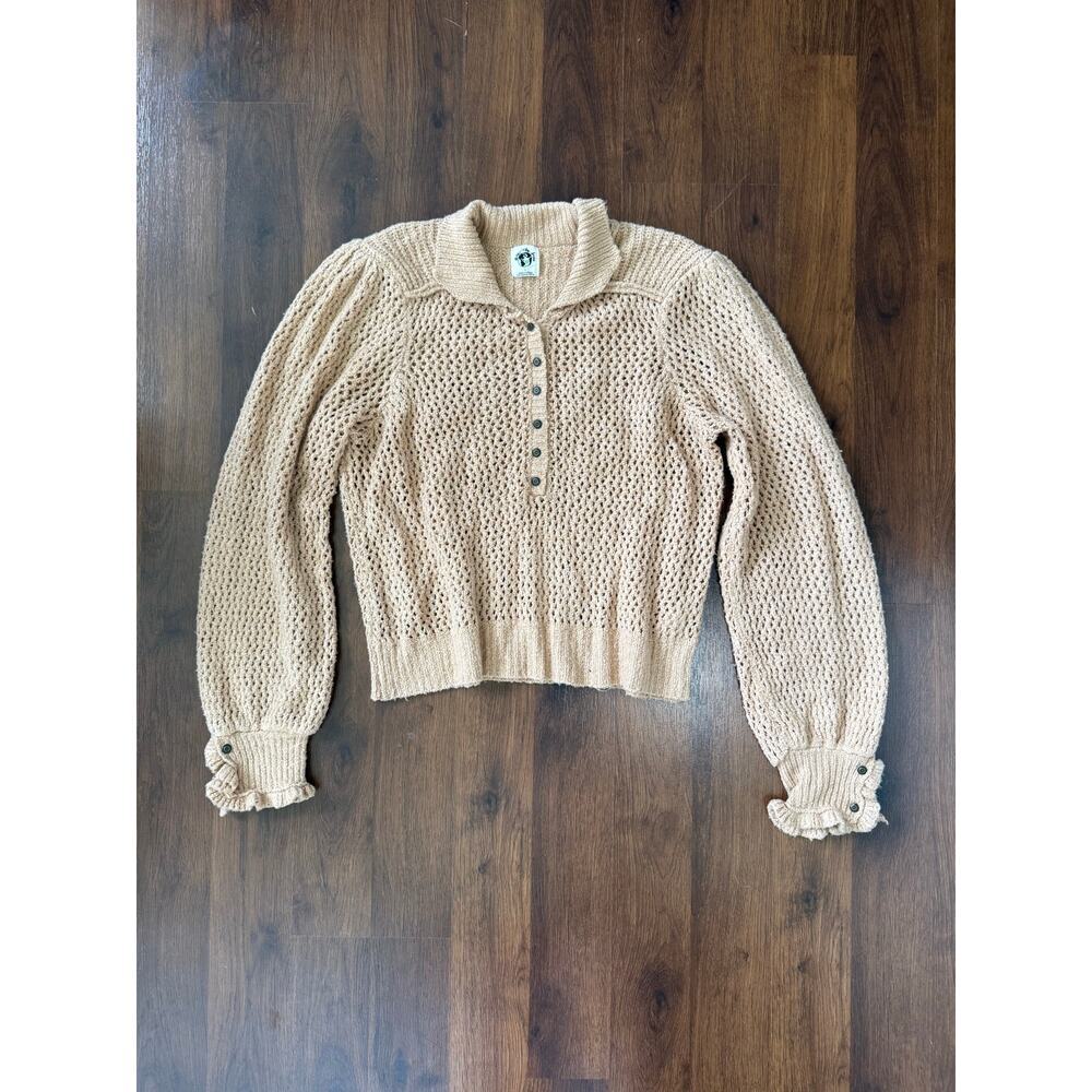 We The Free Snowdrift Pullover Sweater Open Knit Crochet Tan Sz L Boho Beach - Picture 2 of 8